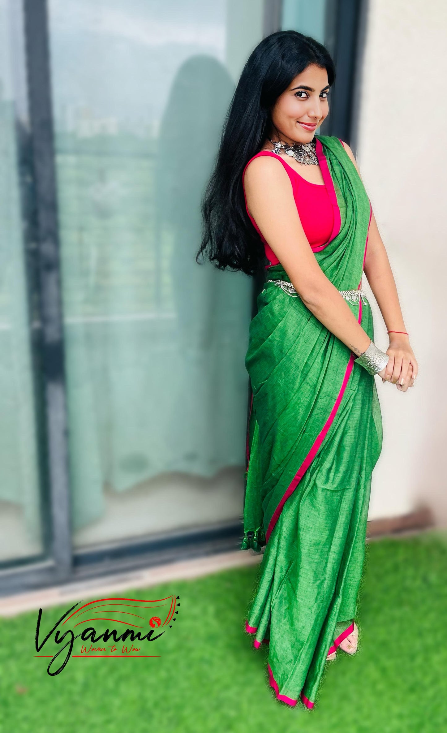 Vyanmi Groove in Green Mulmul Saree