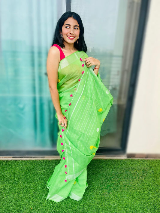 Vyanmi Glow up Green Brocade Linen Saree