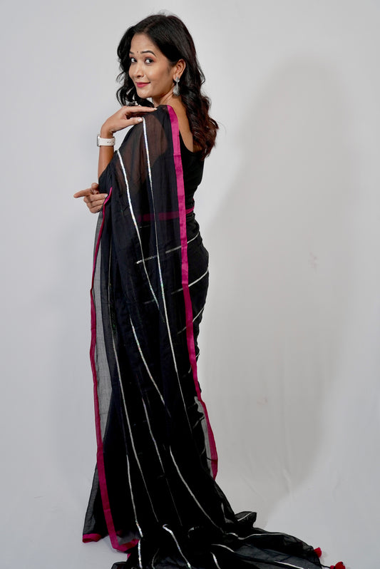 Vyanmi Midnight Sequin Mulmul Saree