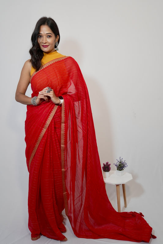 Vyanmi Red Riwaayat Mulmul Saree