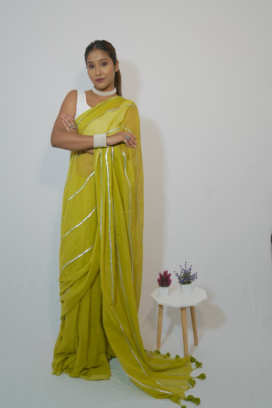 Vyanmi Lime Luxe Sequin Mul Cotton Saree