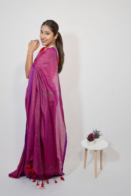 Vyanmi Purplish Zari Mul Handloom Saree