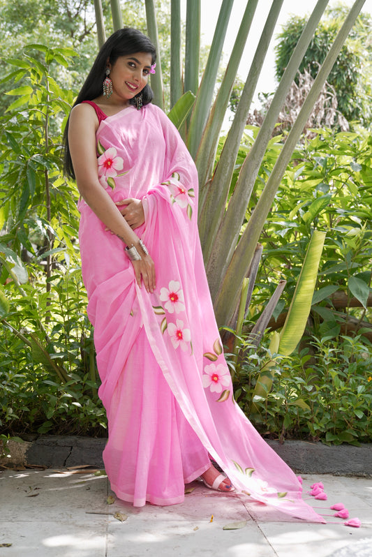 Vyanmi Pink Petal Pop Mulmul Saree
