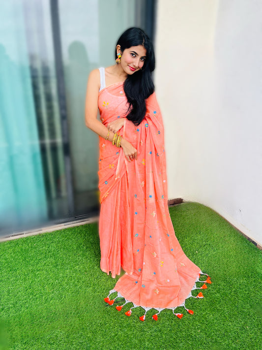 Vyanmi Pretty In Peach Mulmul Saree