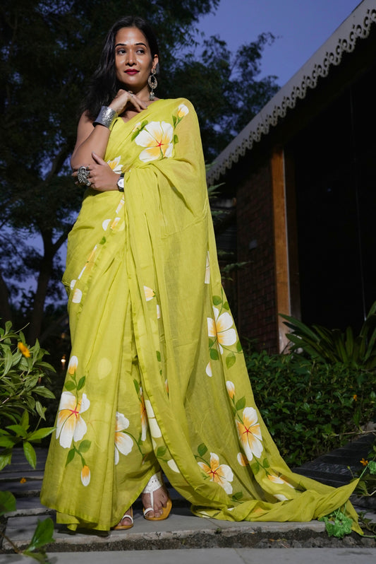 Vyanmi Spring Lime Mulmul Saree