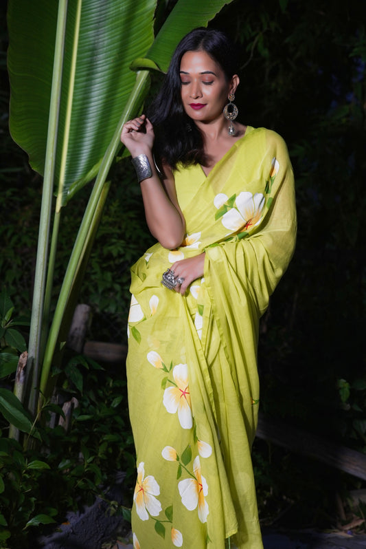Vyanmi Spring Lime Mulmul Saree