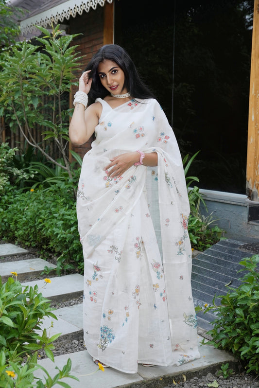 Vyanmi White Meadow Linen Saree