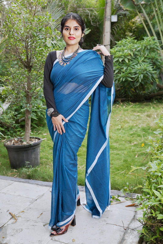 Vyanmi Blue Ocean Breeze Mulmul Saree