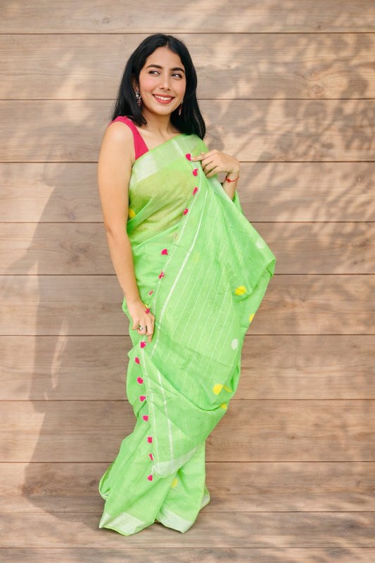 Vyanmi Glow up Green Brocade Linen Saree