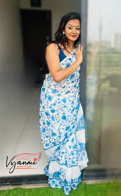 Vyanmi Boho Blue Linen Saree
