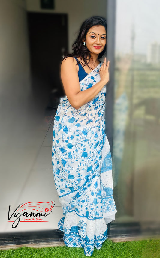 Vyanmi Boho Blue Linen Saree