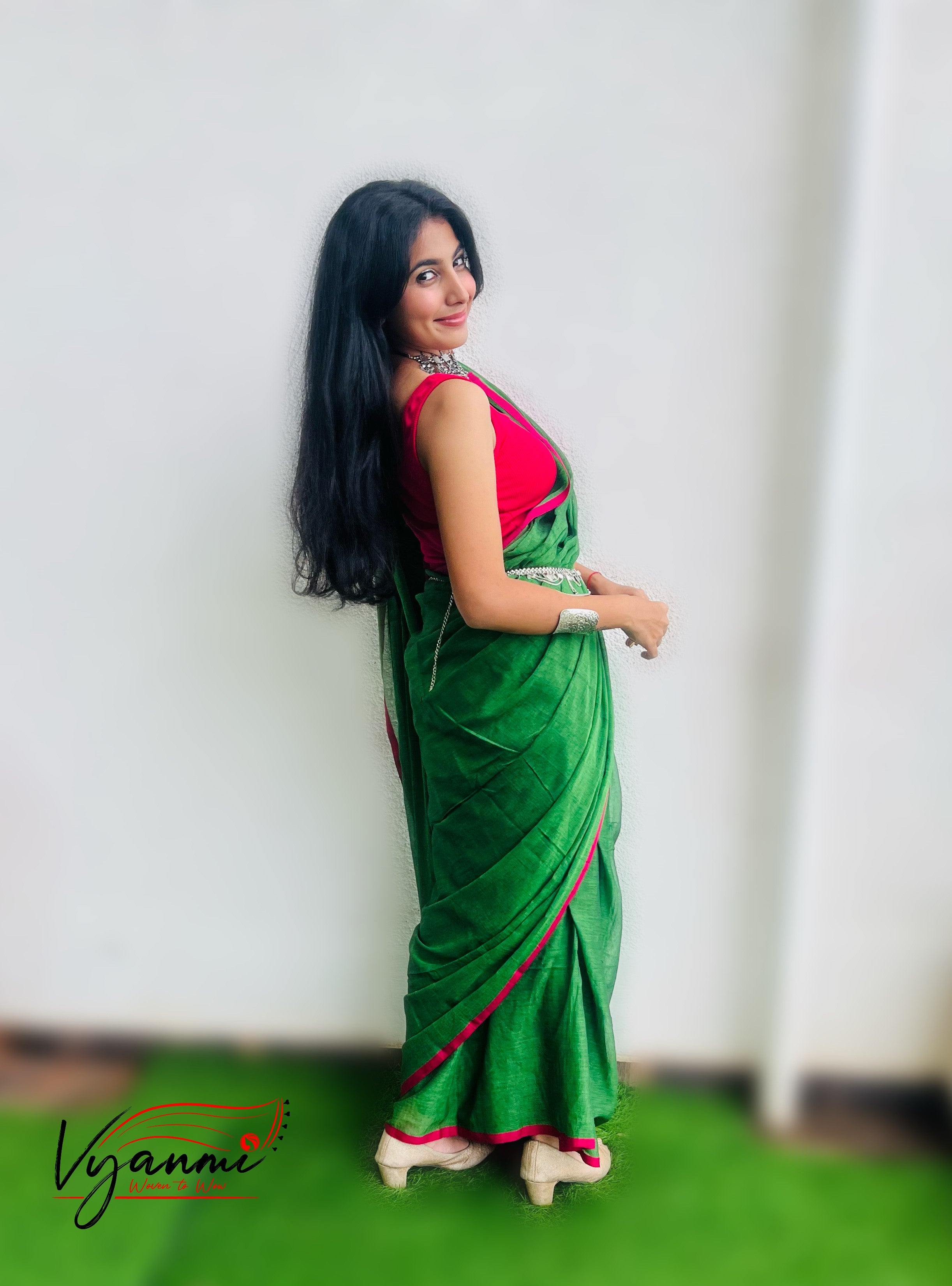 Vyanmi Groove in Green Mulmul Saree