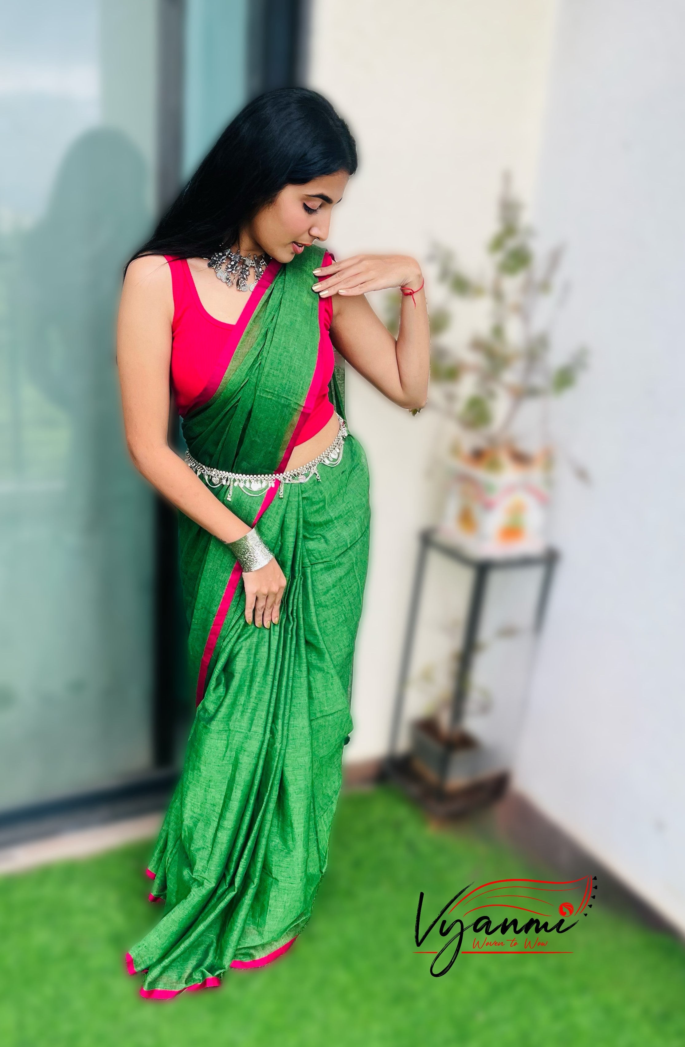 Vyanmi Groove in Green Mulmul Saree