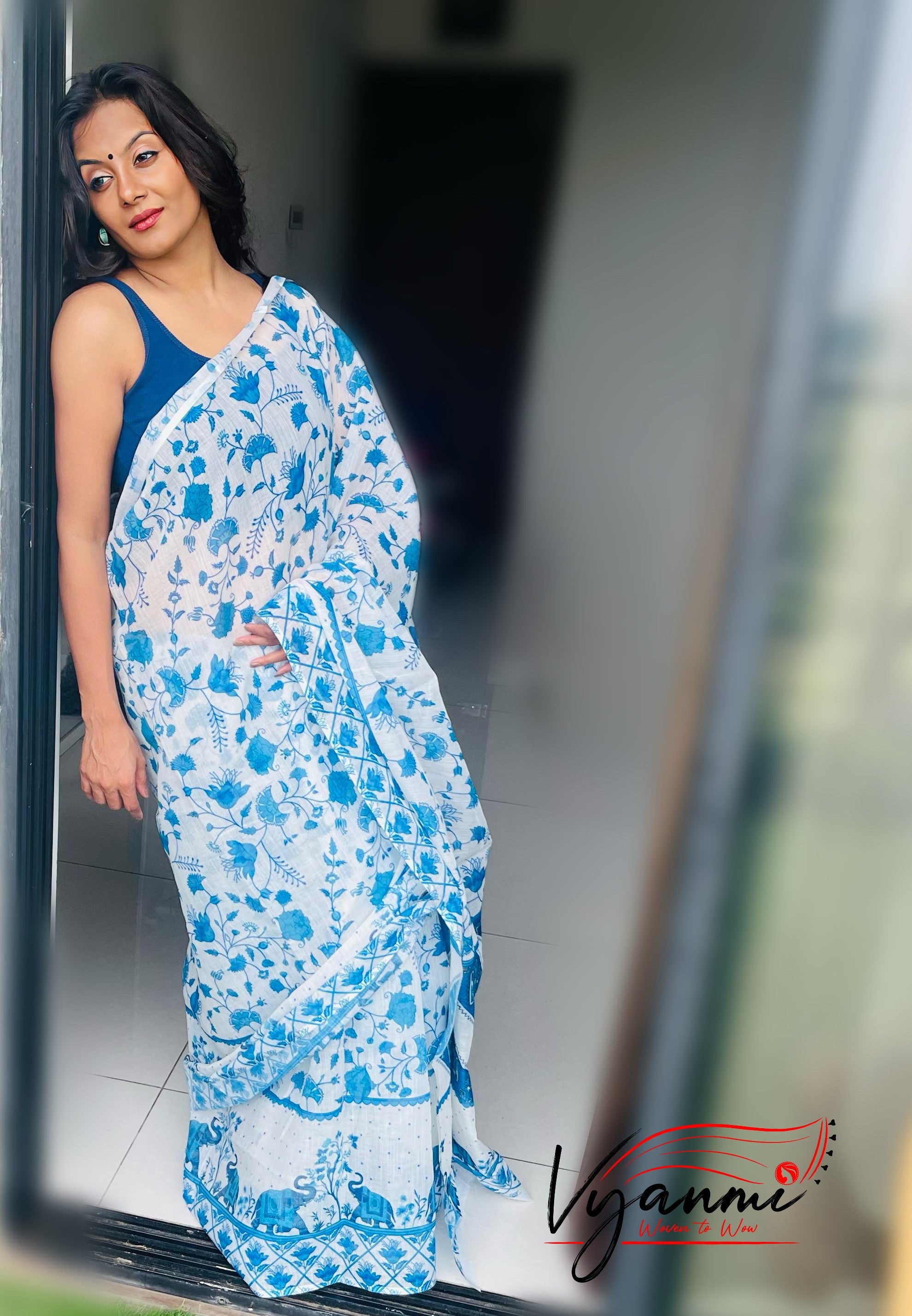 Vyanmi Boho Blue Linen Saree