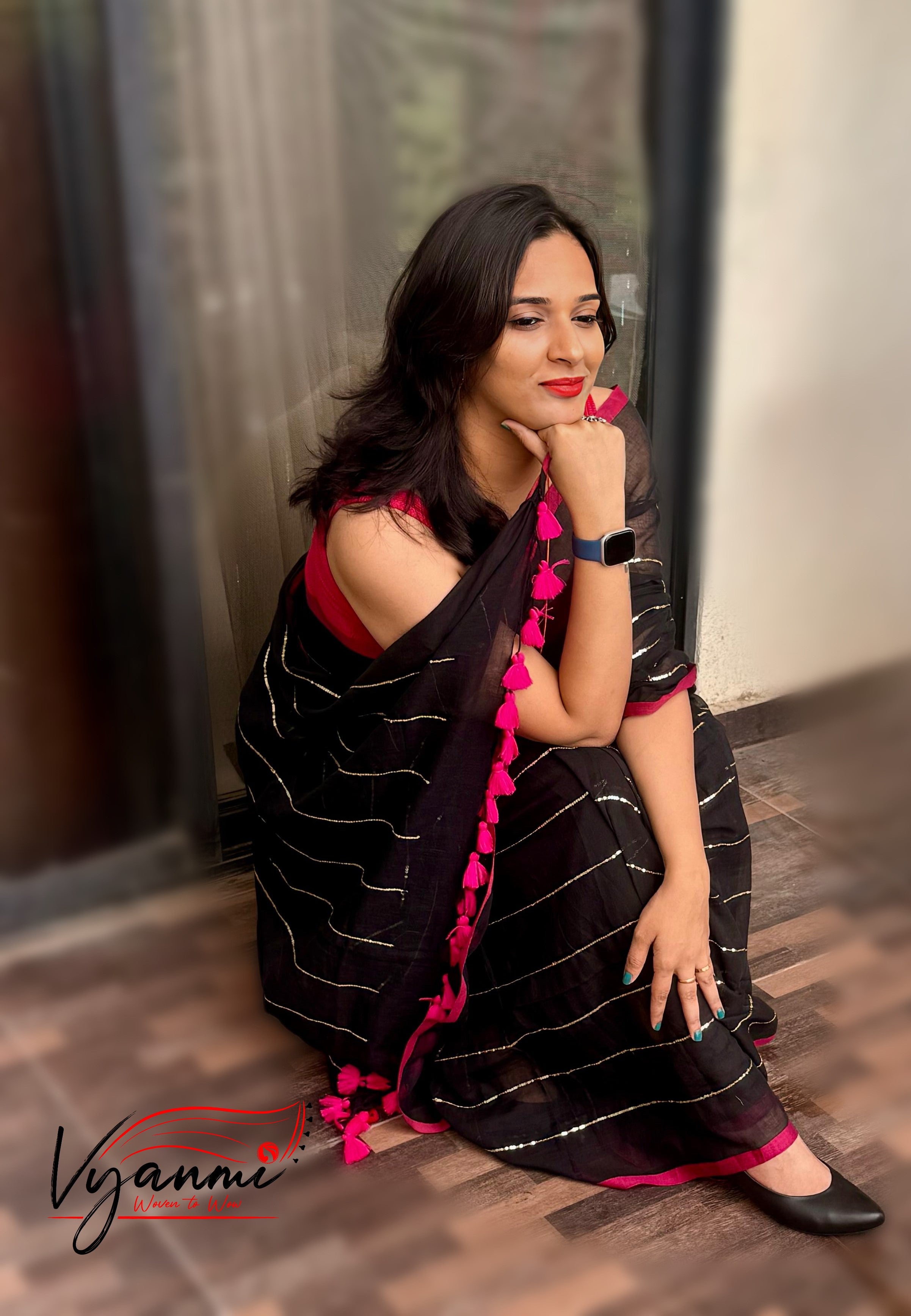 Vyanmi Midnight Sequin Mulmul Saree