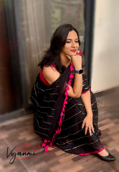 Vyanmi Midnight Sequin Mulmul Saree