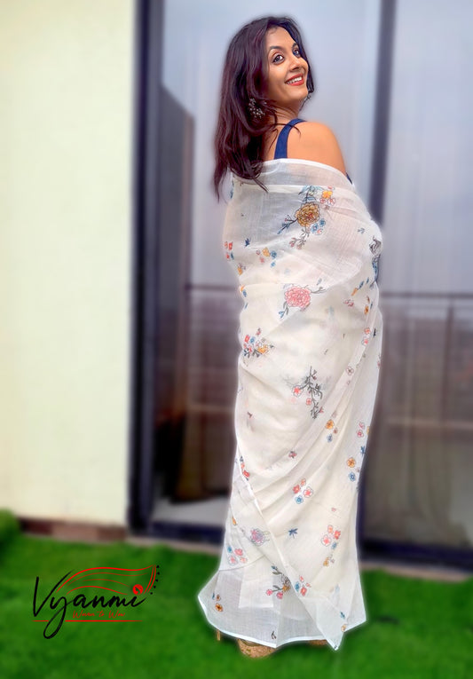 Vyanmi White Meadow Linen Saree