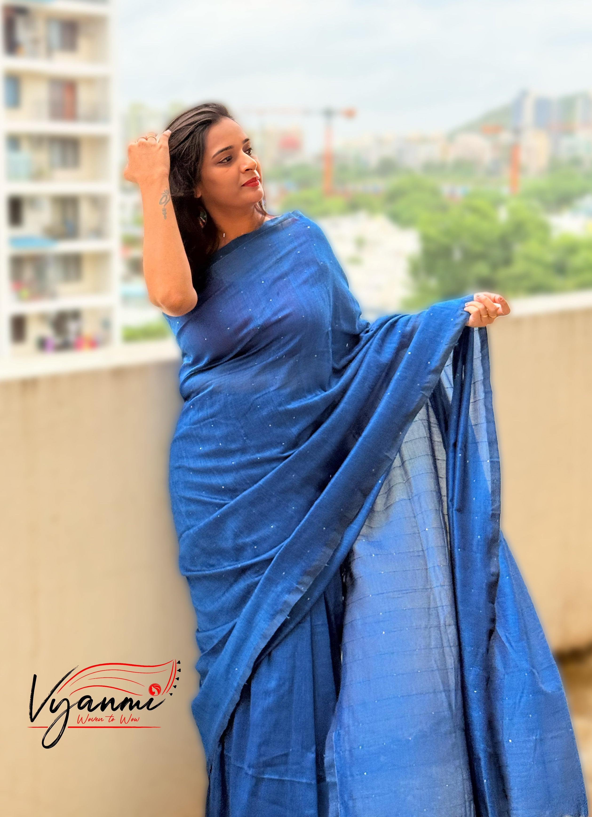 Vyanmi Blue Sequin & Sass Mulmul Saree