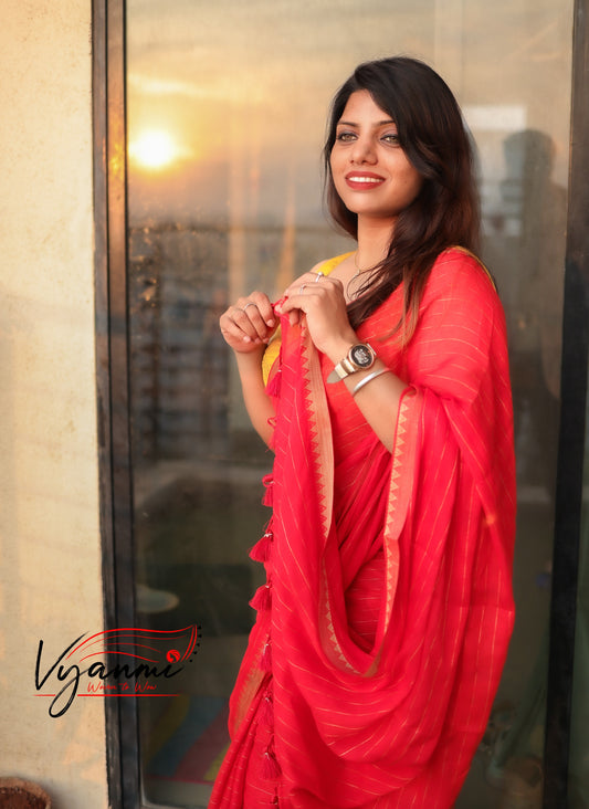 Vyanmi Red Riwaayat Mulmul Saree