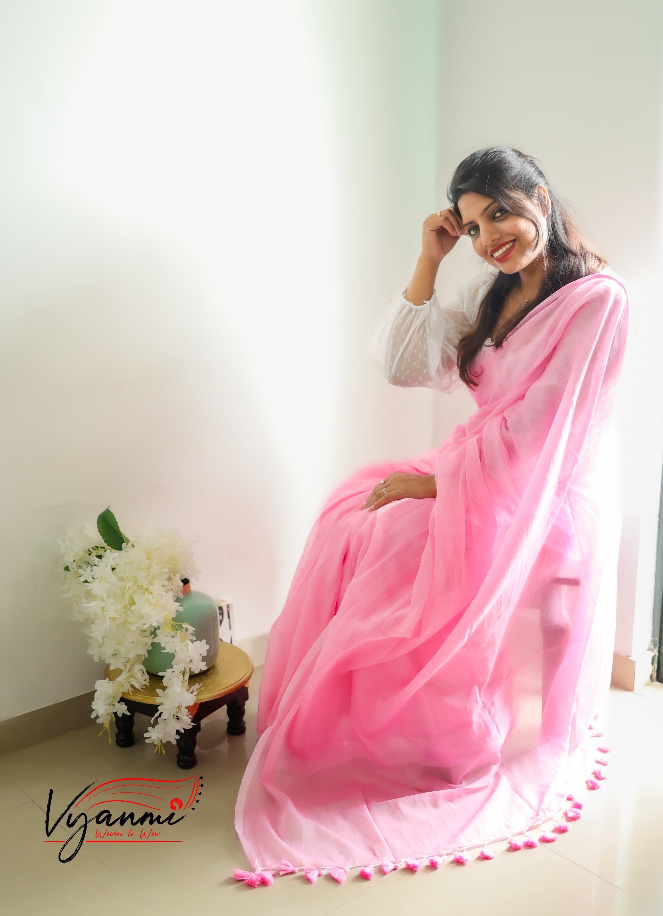 Vyanmi Rose Cotton-Candy Mul Saree