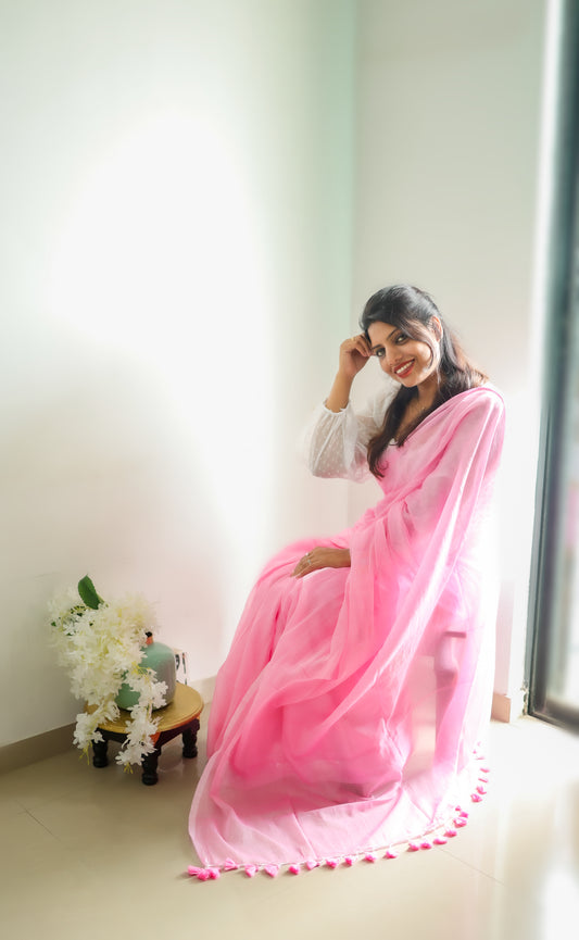 Vyanmi Rose Cotton-Candy Mul Saree