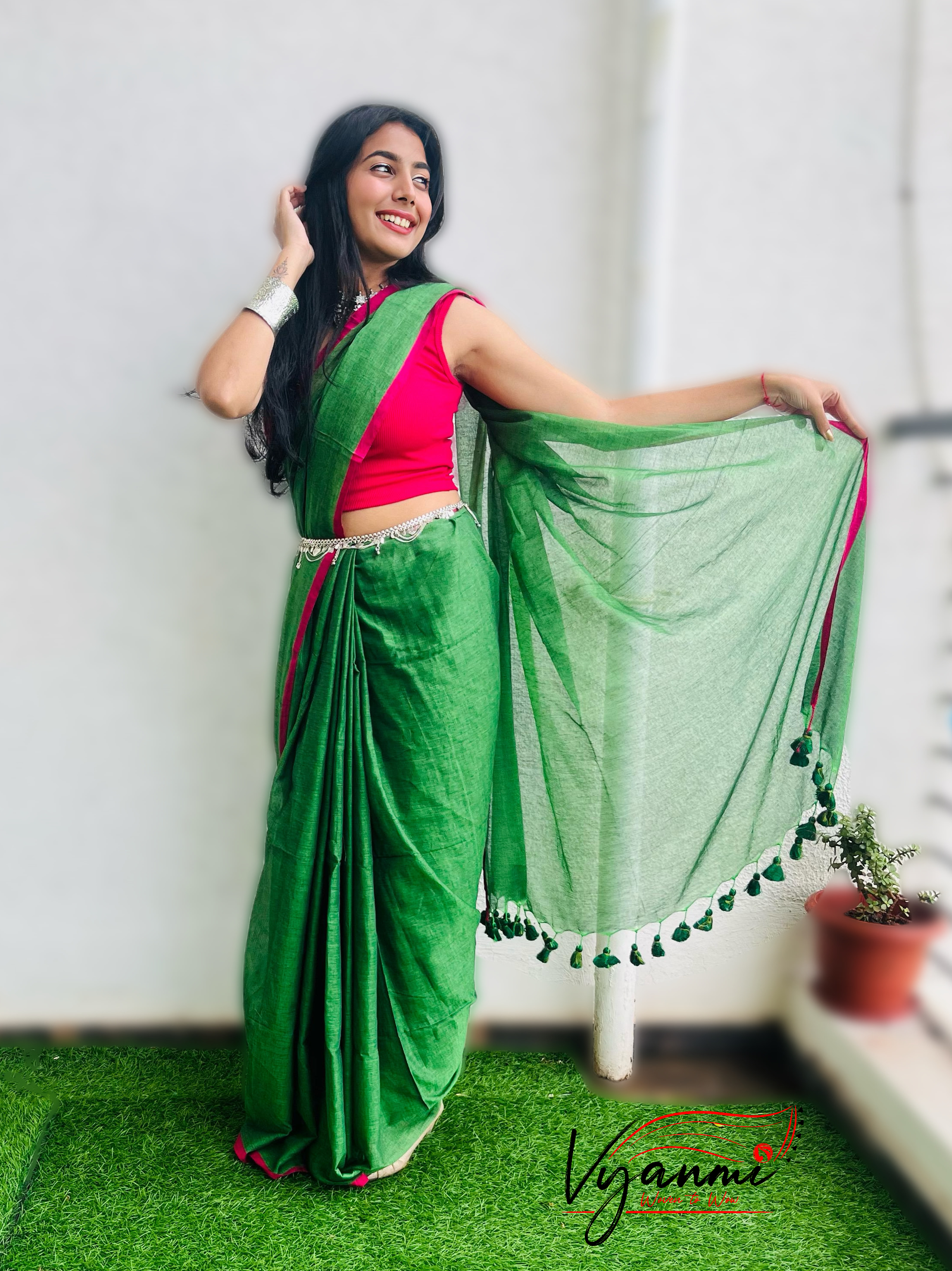 Vyanmi Groove in Green Mulmul Saree