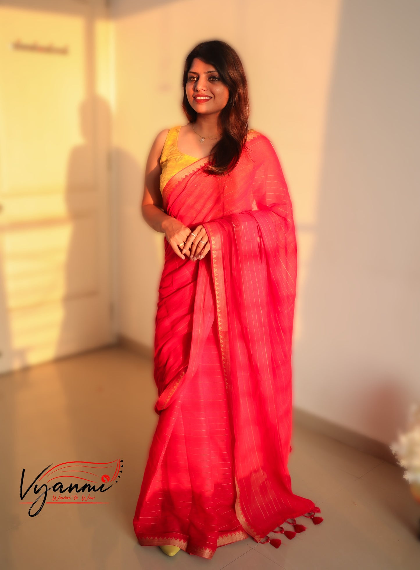 Vyanmi Red Riwaayat Mulmul Saree