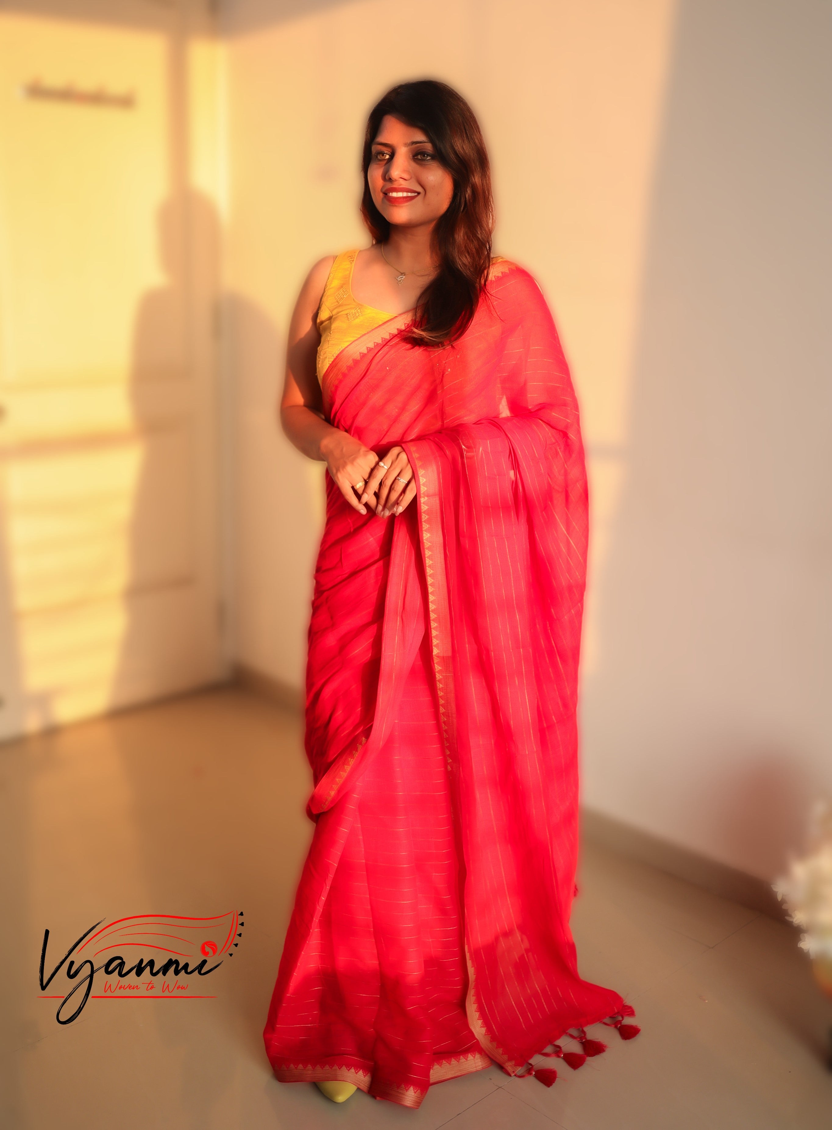 Vyanmi Red Riwaayat Mulmul Saree