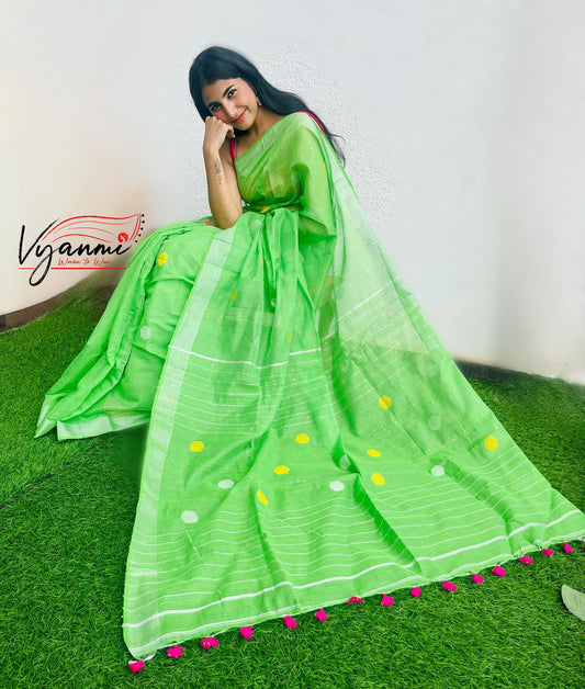 Vyanmi Glow up Green Brocade Linen Saree
