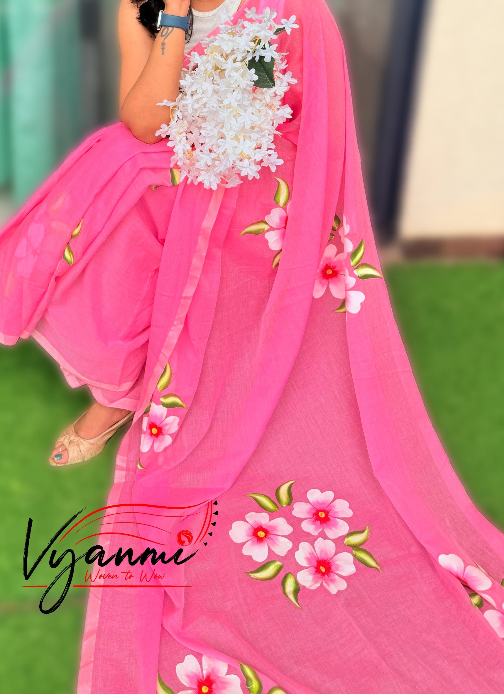 Vyanmi Pink Petal Pop Mulmul Saree