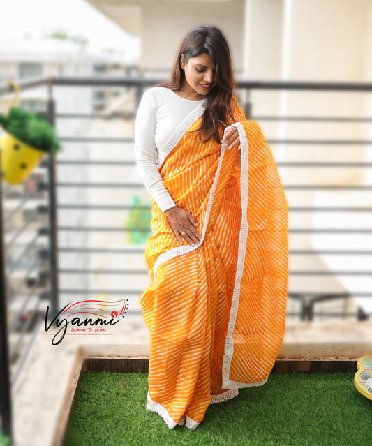 Vyanmi Orange Leher Linen Saree