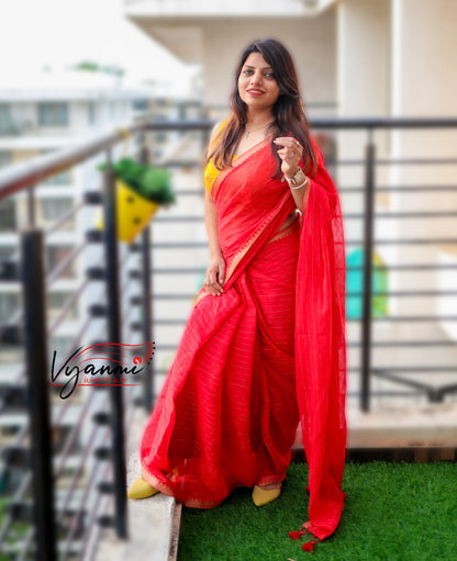 Vyanmi Red Riwaayat Mulmul Saree