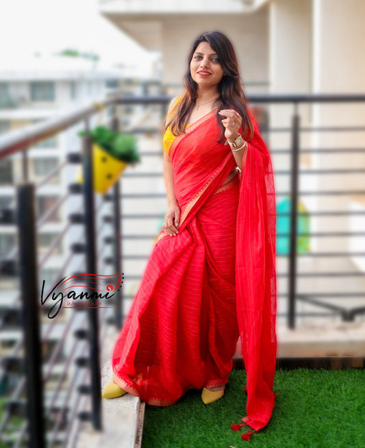 Vyanmi Red Riwaayat Mulmul Saree