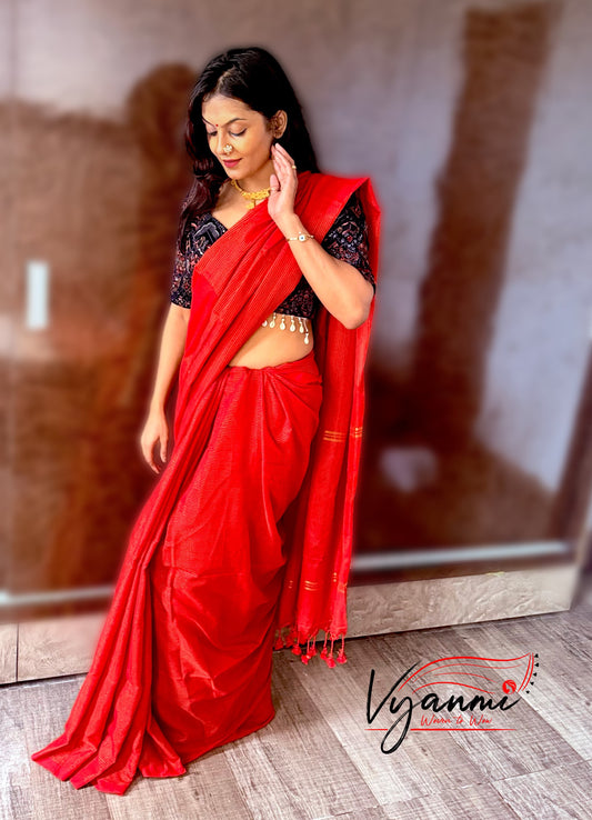 Vyanmi Sindoori Zari Mul Handloom Saree