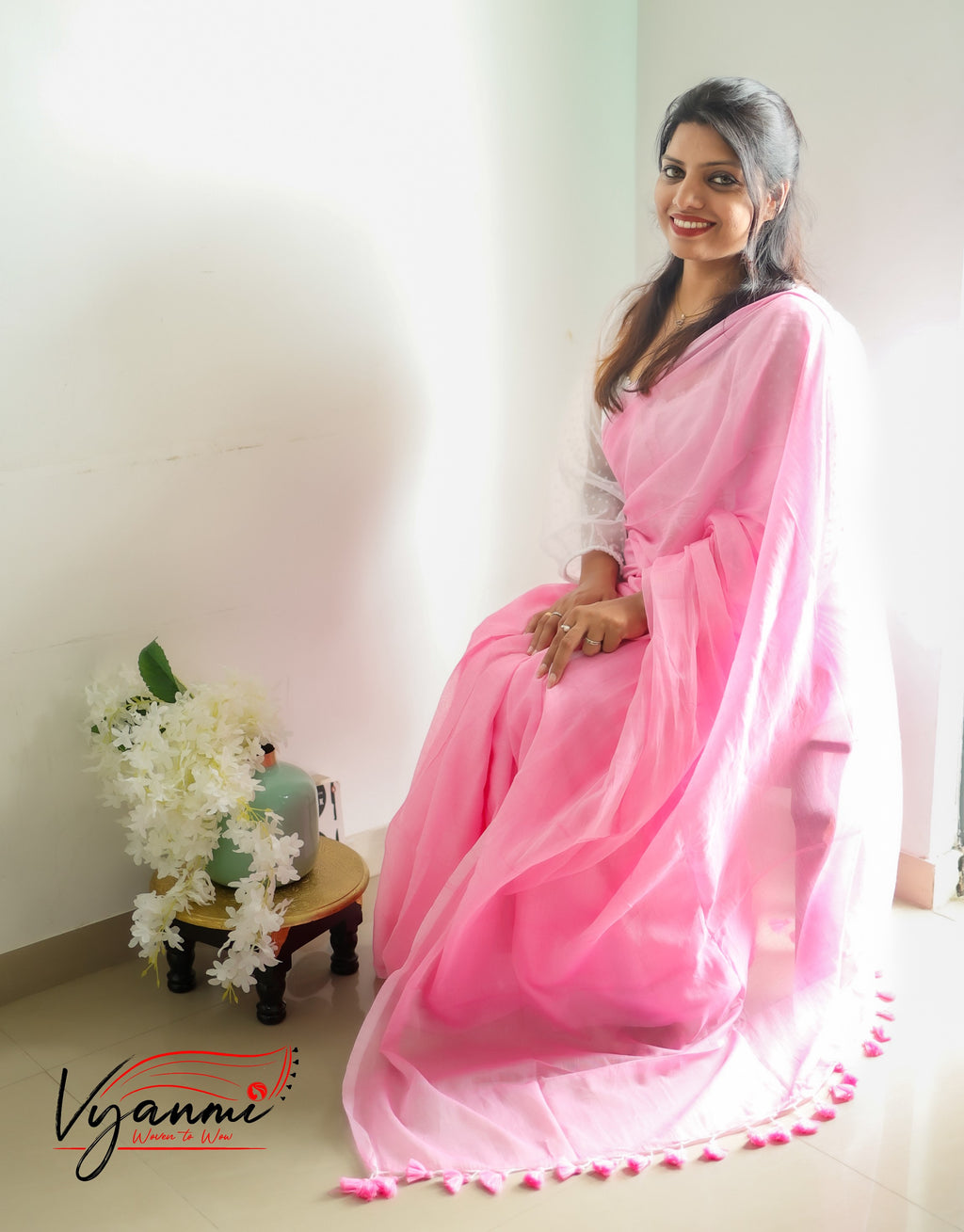Vyanmi Rose Cotton-Candy Mul Saree