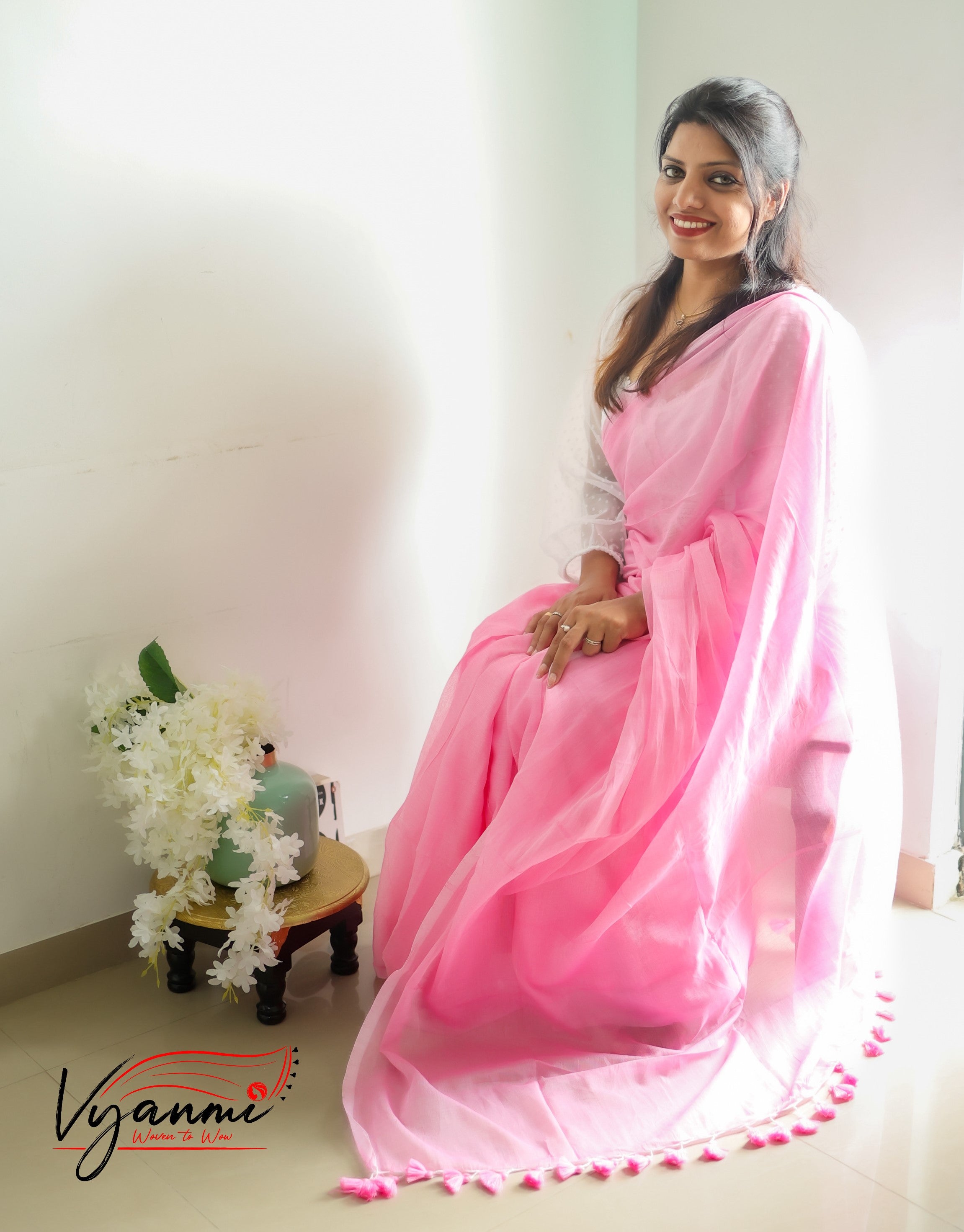 Vyanmi Rose Cotton-Candy Mul Saree