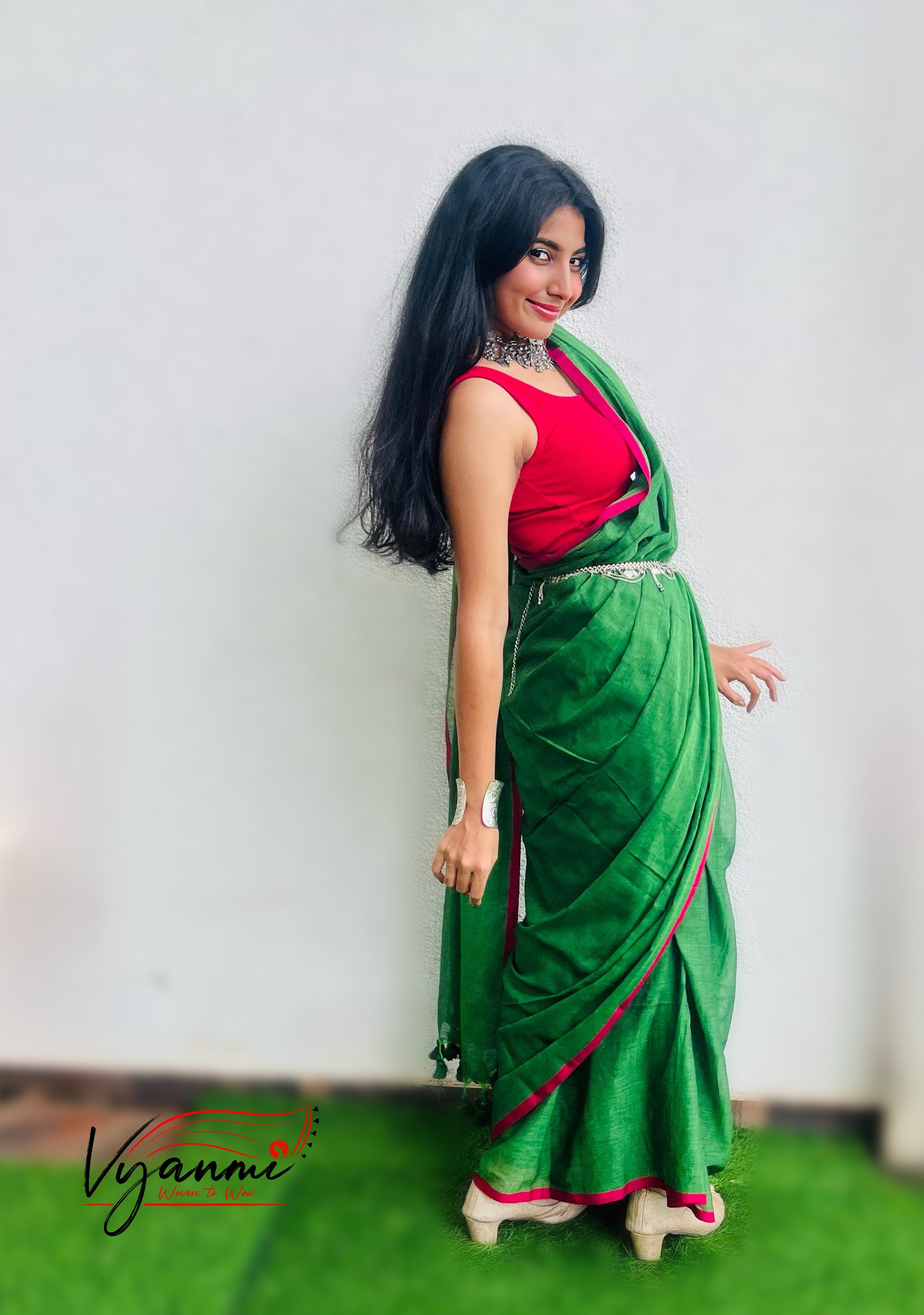 Vyanmi Groove in Green Mulmul Saree