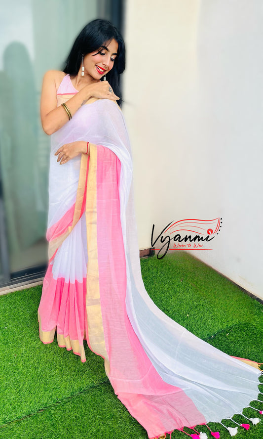 Vyanmi Pink Onaya Mulmul Saree