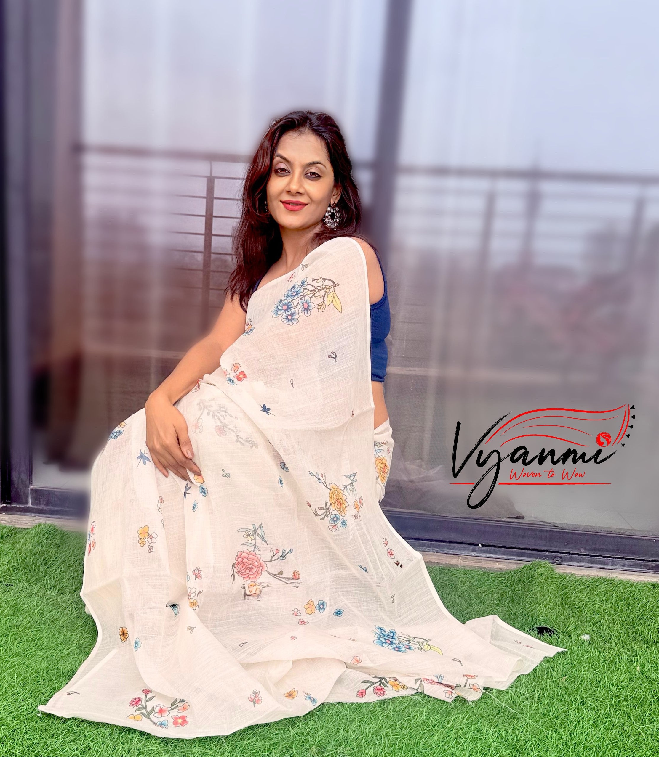 Vyanmi White Meadow Linen Saree