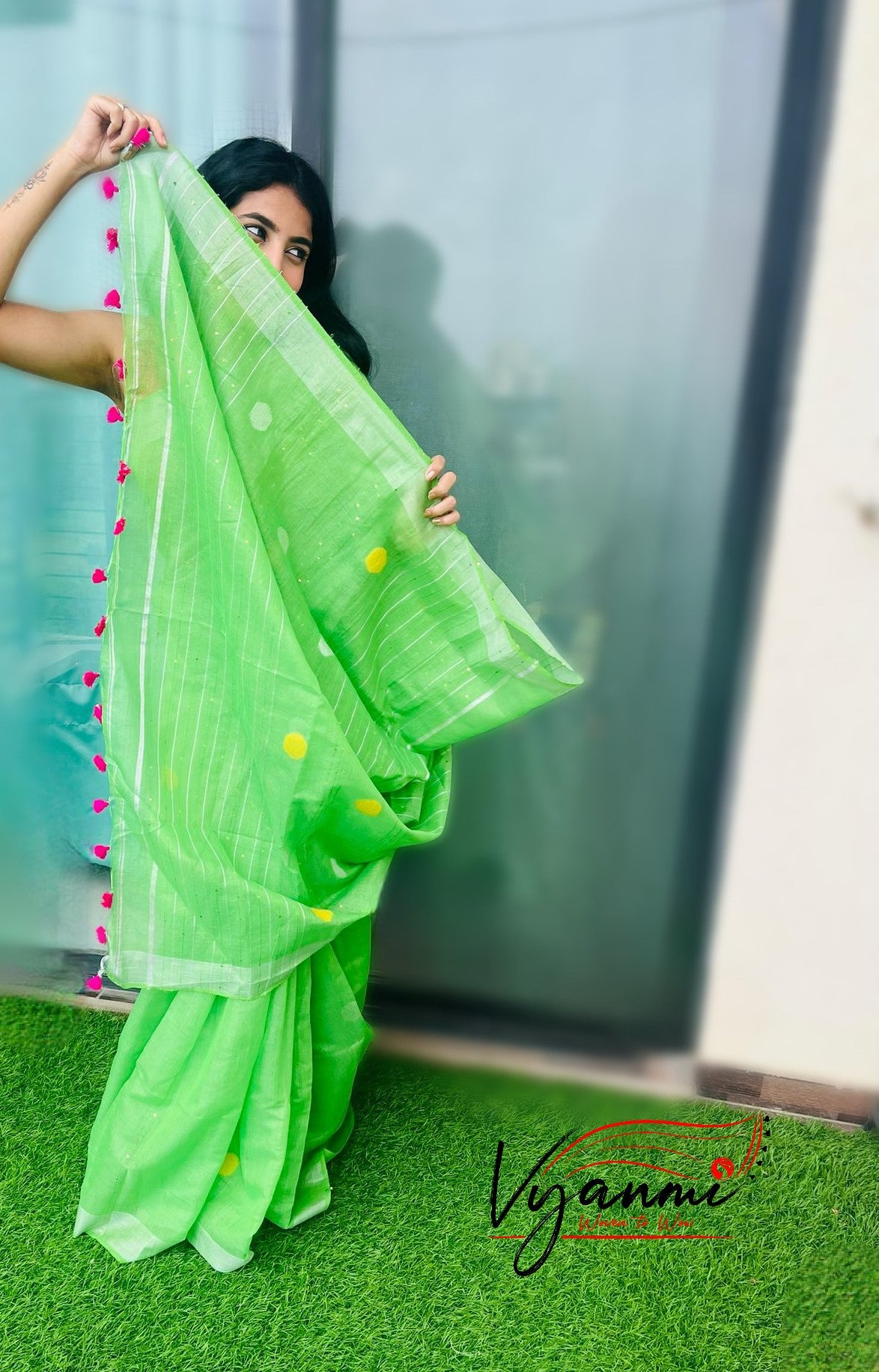 Vyanmi Glow up Green Brocade Linen Saree