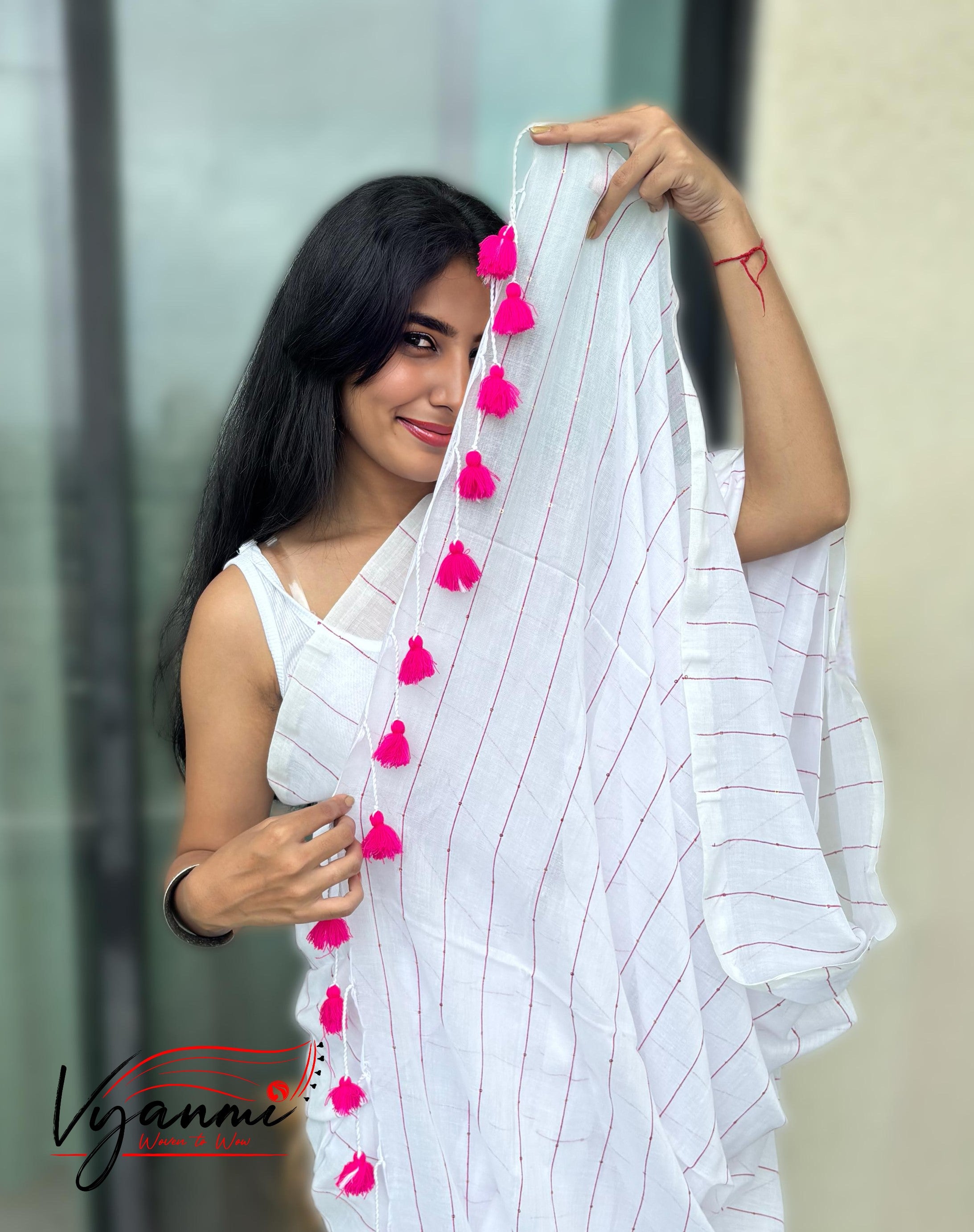 Vyanmi White Sequin & Sass Mulmul Saree
