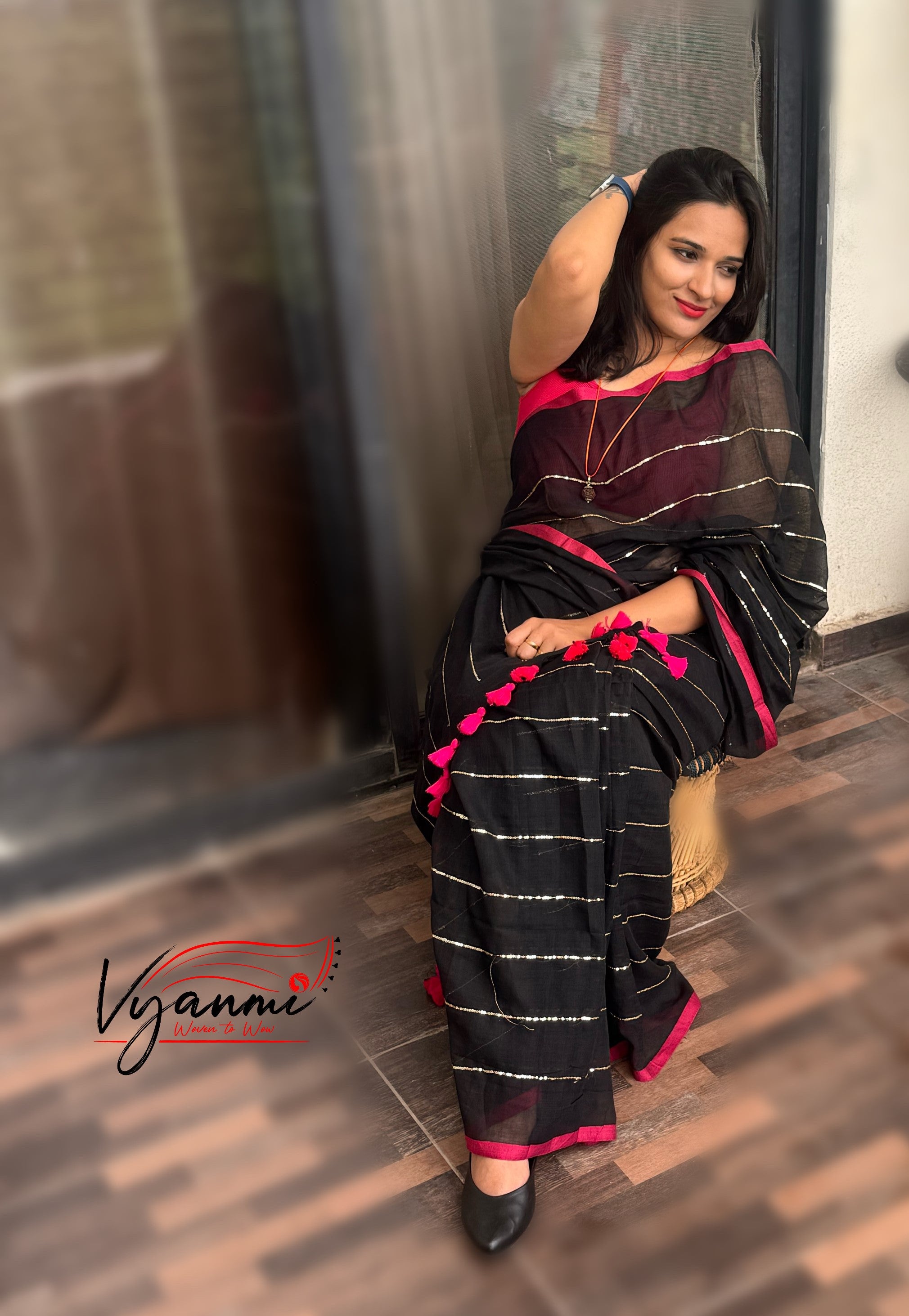 Vyanmi Midnight Sequin Mulmul Saree