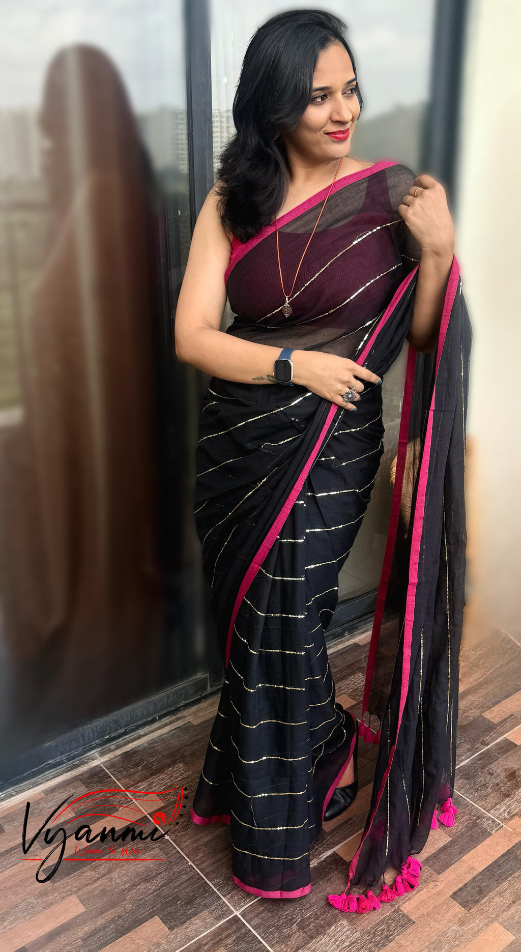 Vyanmi Midnight Sequin Mulmul Saree