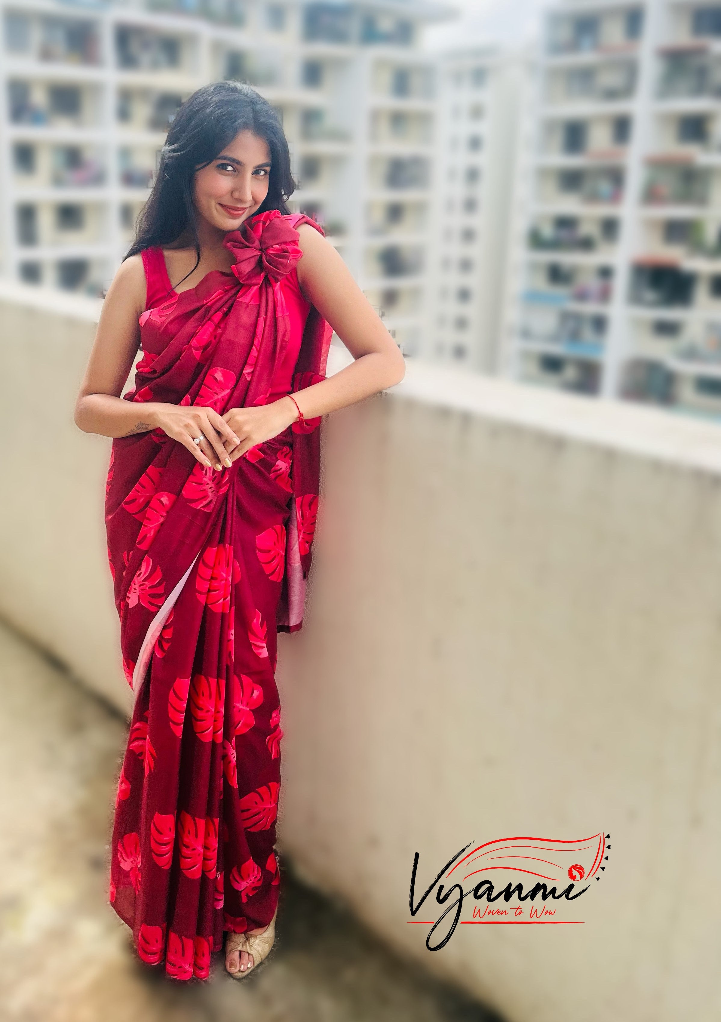 Vyanmi Berry Blush Mul Saree