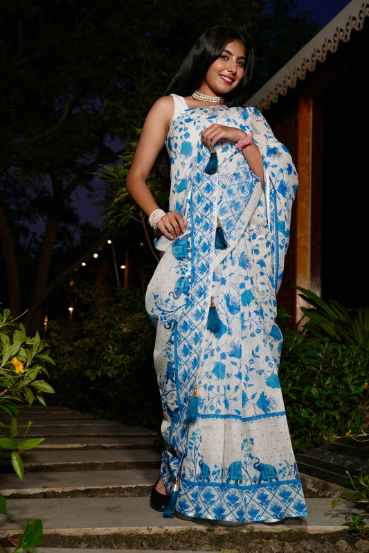Vyanmi Boho Blue Linen Saree