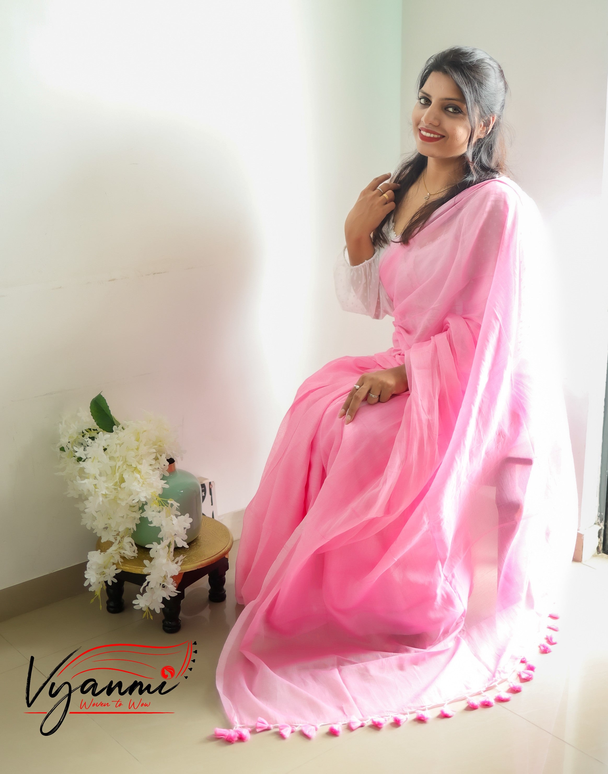 Vyanmi Rose Cotton-Candy Mul Saree