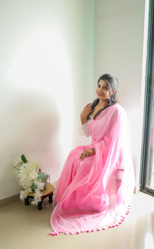 Vyanmi Rose Cotton-Candy Mul Saree