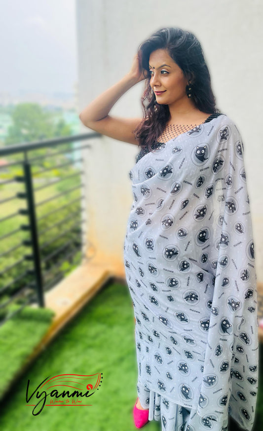 Vyanmi Grey Catitude Mul Saree