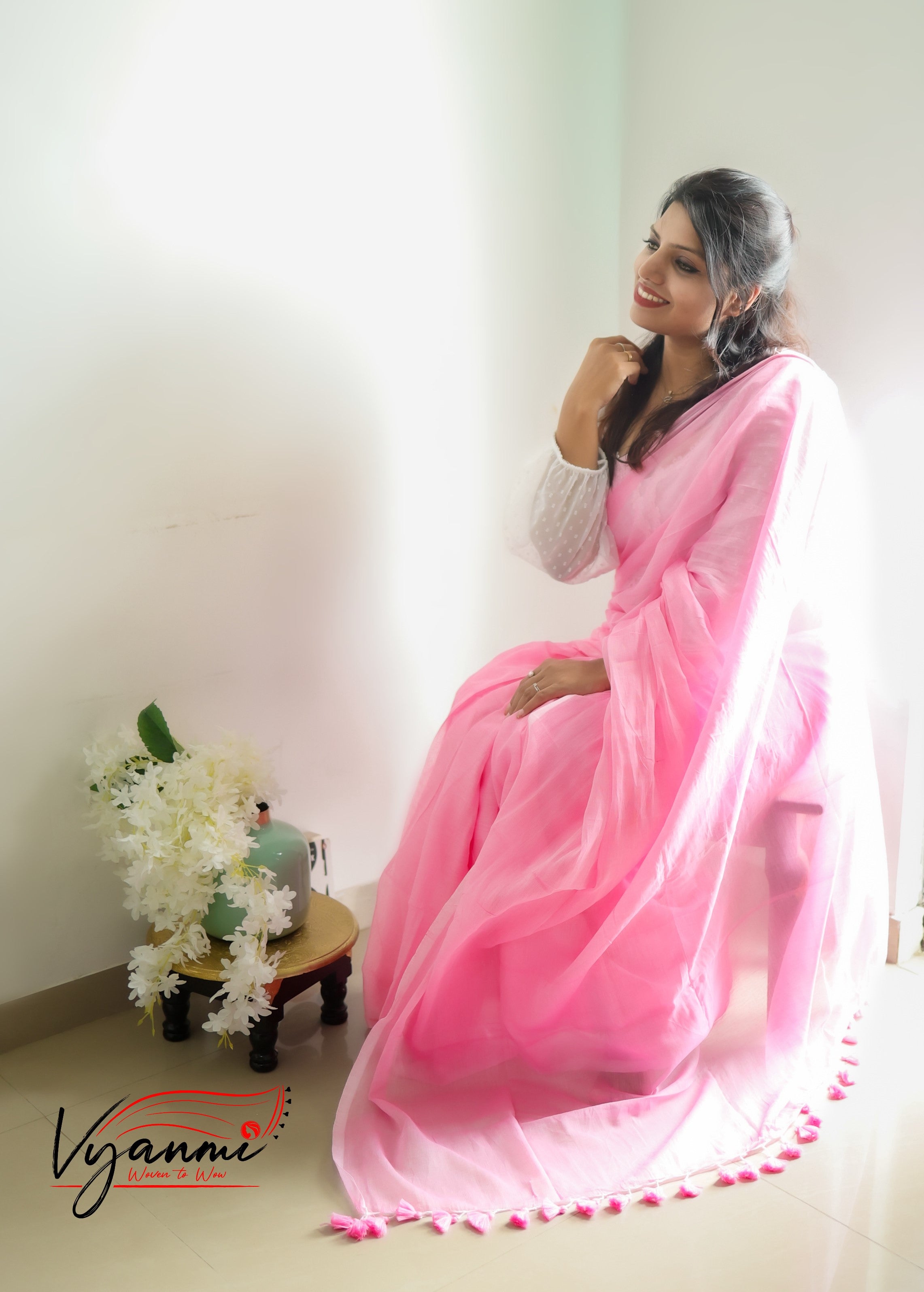 Vyanmi Rose Cotton-Candy Mul Saree
