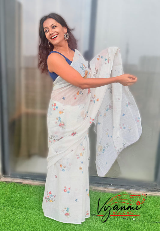 Vyanmi White Meadow Linen Saree